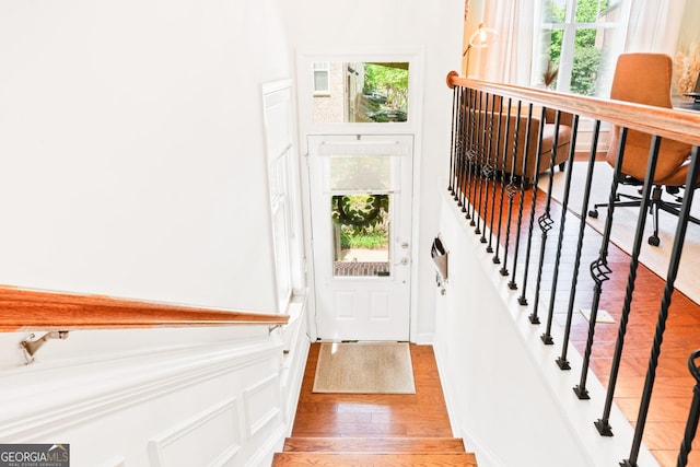 doorway featuring plenty of natural light, light wood-type flooring, a decorative wall, and a wainscoted wall