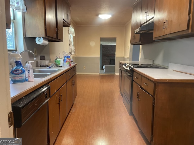kitchen featuring stainless steel electric range oven, black dishwasher, under cabinet range hood, a sink, and light wood-style floors