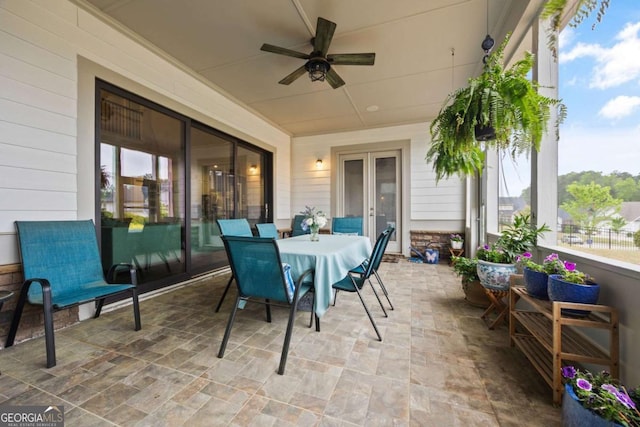 170 Oakleigh Manor Dr, Fayetteville, GA 30215 - view of patio featuring french doors, a ceiling fan, outdoor dining area, and fence