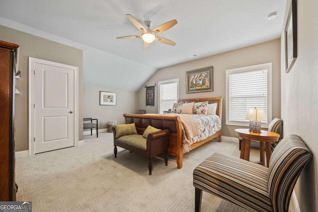 170 Oakleigh Manor Dr, Fayetteville, GA 30215 - bedroom with baseboards, light colored carpet, vaulted ceiling, and a ceiling fan