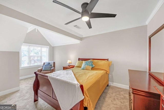 328 Broadmoor Way, Mcdonough, GA 30253 - bedroom with light colored carpet, baseboards, vaulted ceiling, ceiling fan, and ornamental molding