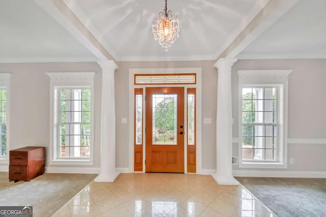 328 Broadmoor Way, Mcdonough, GA 30253 - entrance foyer with decorative columns, baseboards, a chandelier, and ornamental molding