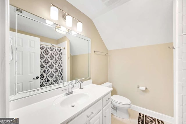 328 Broadmoor Way, Mcdonough, GA 30253 - full bath with lofted ceiling, toilet, tile patterned flooring, vanity, and a shower with curtain