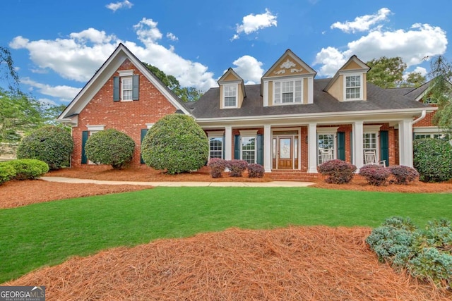 328 Broadmoor Way, Mcdonough, GA 30253 - cape cod-style house with brick siding, a front lawn, a porch, and roof with shingles