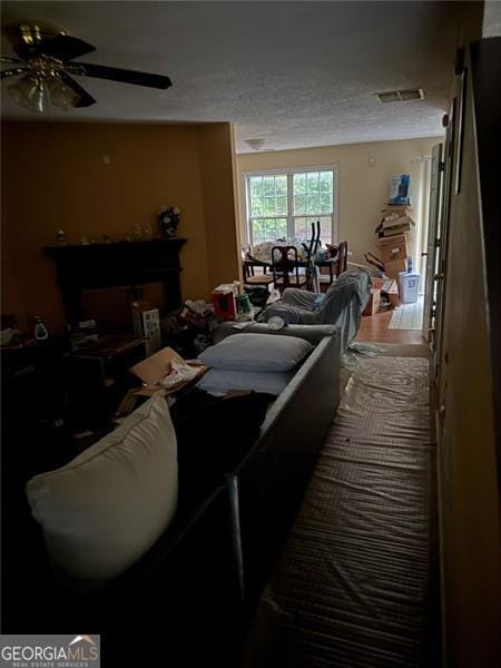living area featuring a ceiling fan and a textured ceiling