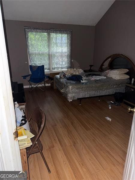 bedroom featuring wood finished floors and vaulted ceiling
