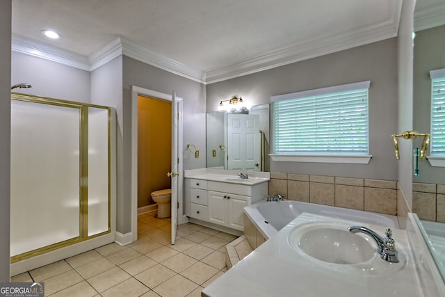 full bath with ornamental molding, a shower stall, tile patterned flooring, a garden tub, and vanity