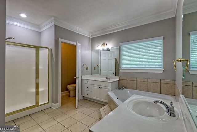 bathroom featuring crown molding, a shower stall, a garden tub, tile patterned floors, and vanity