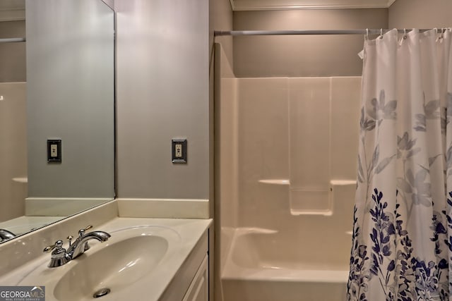 full bath featuring vanity and shower / bathtub combination with curtain