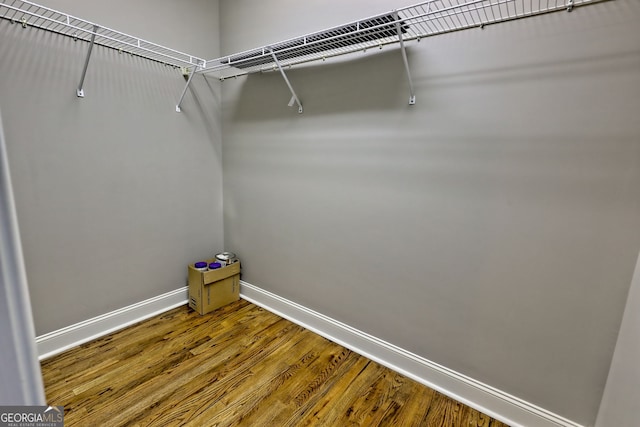 walk in closet with wood finished floors