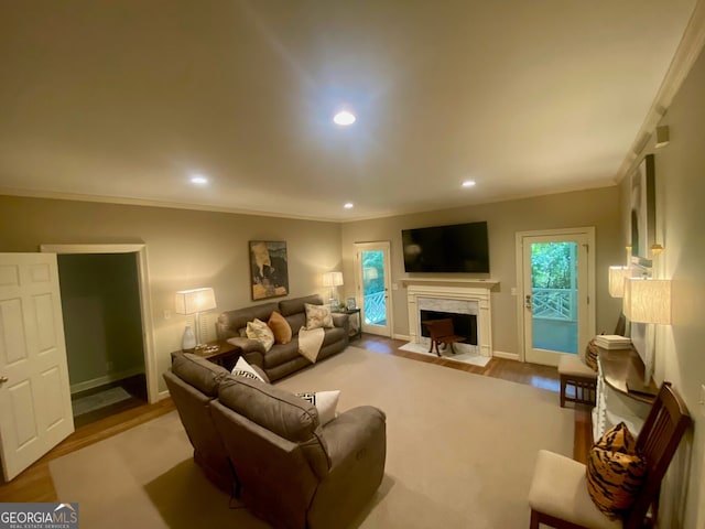 3132 Ingleside Ave, Macon, GA 31204 - living area featuring a fireplace, wood finished floors, ornamental molding, plenty of natural light, and recessed lighting