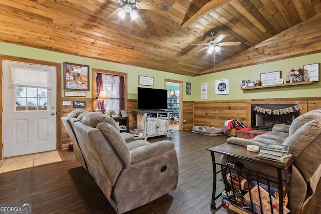 328 Willow Creek Rd, Folkston, GA 31537 - living area with a ceiling fan, a wainscoted wall, lofted ceiling, wooden walls, and wood ceiling