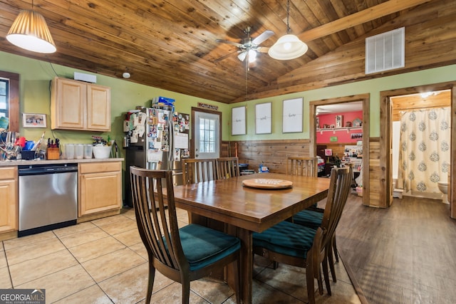 328 Willow Creek Rd, Folkston, GA 31537 - dining room with lofted ceiling, wooden ceiling, wainscoting, a ceiling fan, and light tile patterned flooring