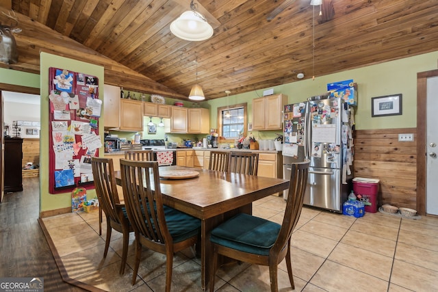 328 Willow Creek Rd, Folkston, GA 31537 - dining space with lofted ceiling, wooden ceiling, and light tile patterned flooring
