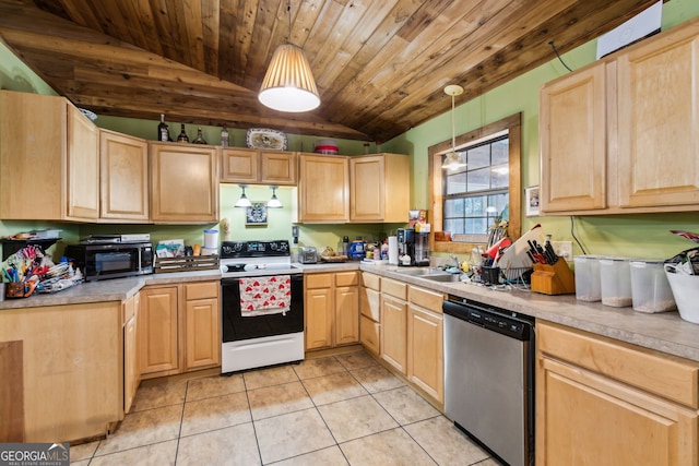 328 Willow Creek Rd, Folkston, GA 31537 - kitchen with white electric range, stainless steel dishwasher, lofted ceiling, light brown cabinets, and light tile patterned flooring