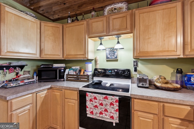 328 Willow Creek Rd, Folkston, GA 31537 - kitchen featuring electric range oven, light brown cabinets, light countertops, and wood ceiling