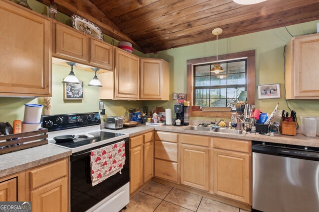 328 Willow Creek Rd, Folkston, GA 31537 - kitchen with stainless steel dishwasher, range with electric cooktop, a sink, wooden ceiling, and light countertops