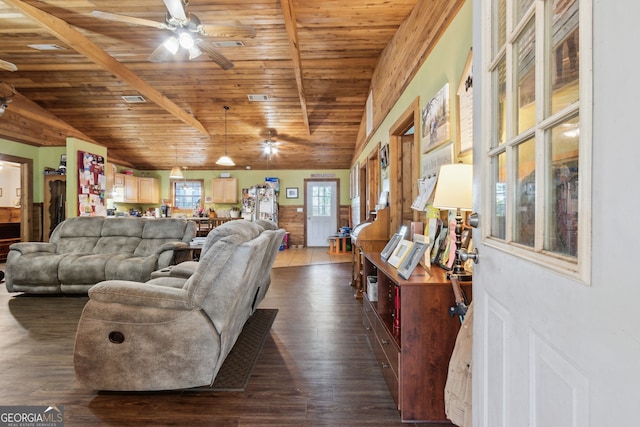 328 Willow Creek Rd, Folkston, GA 31537 - living room featuring ceiling fan, wood ceiling, dark wood-type flooring, and lofted ceiling