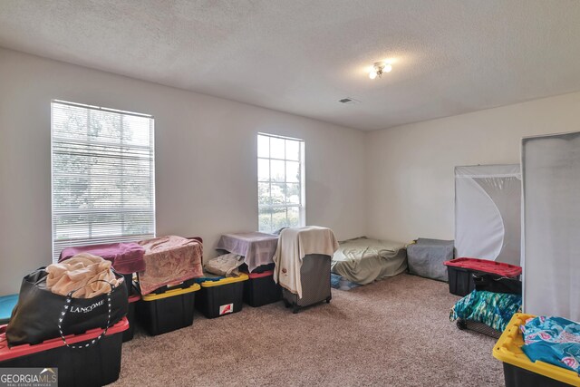 carpeted bedroom with a textured ceiling