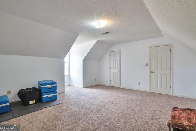 additional living space featuring lofted ceiling, carpet floors, a textured ceiling, and baseboards