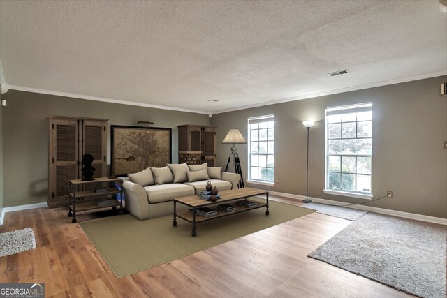 living room with a textured ceiling, crown molding, baseboards, and wood finished floors
