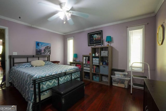 61 Amelia Ln, Blue Ridge, GA 30513 - bedroom featuring dark wood-style flooring, multiple windows, crown molding, and ceiling fan