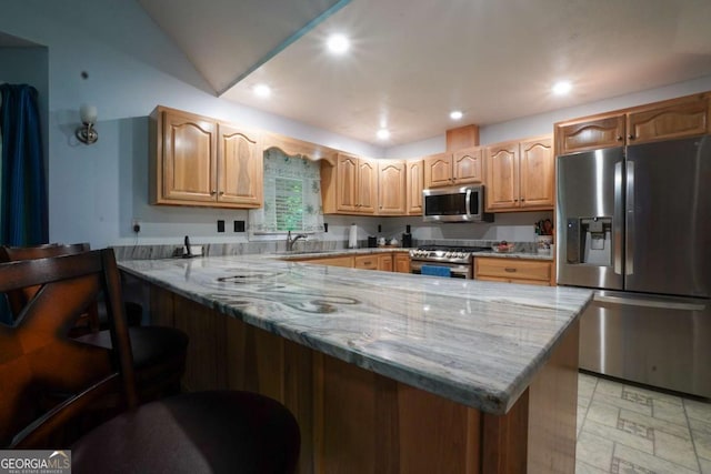 61 Amelia Ln, Blue Ridge, GA 30513 - kitchen featuring appliances with stainless steel finishes, light stone counters, a peninsula, a sink, and recessed lighting