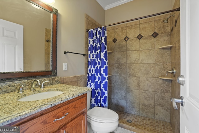 885 Kelleytown Rd, Mcdonough, GA 30252 - bathroom featuring ornamental molding, tiled shower, vanity, and toilet