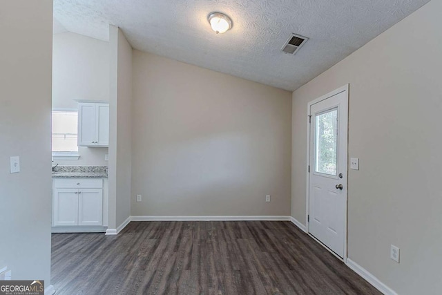 1363 To Lani Farm Rd, Stone Mountain, GA 30083 - unfurnished dining area featuring lofted ceiling, dark wood-style floors, plenty of natural light, a textured ceiling, and baseboards