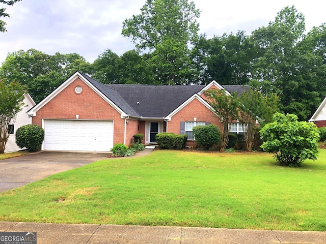 view of front of house featuring brick siding, a garage, concrete driveway, and a front yard
