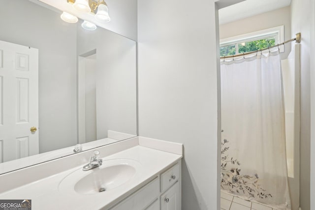 1010 Capella Creek Way, Grayson, GA 30017 - bathroom with vanity, a shower with curtain, and tile patterned floors