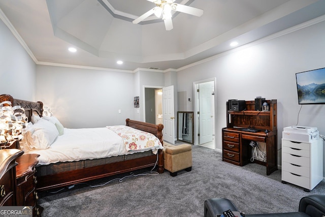 1010 Capella Creek Way, Grayson, GA 30017 - bedroom with a raised ceiling, carpet floors, recessed lighting, ornamental molding, and ceiling fan
