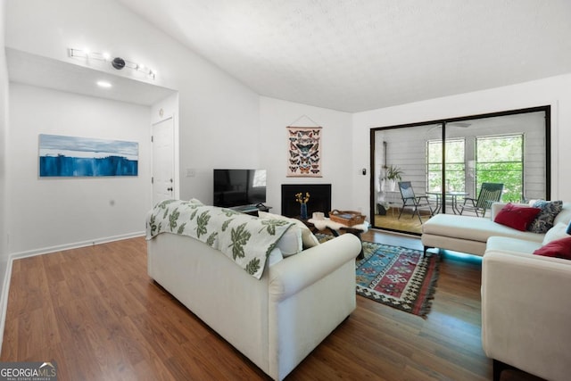 living room featuring wood finished floors, vaulted ceiling, and baseboards