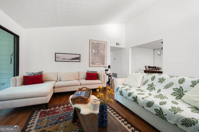 living room with lofted ceiling and wood finished floors