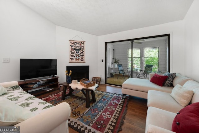 living area with wood finished floors and a fireplace