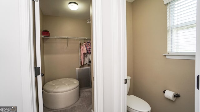bathroom with toilet, plenty of natural light, and a spacious closet