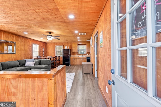 95 Farmers Academy Rd, Martin, GA 30557 - living area featuring light wood finished floors, wooden walls, ceiling fan, wood ceiling, and recessed lighting