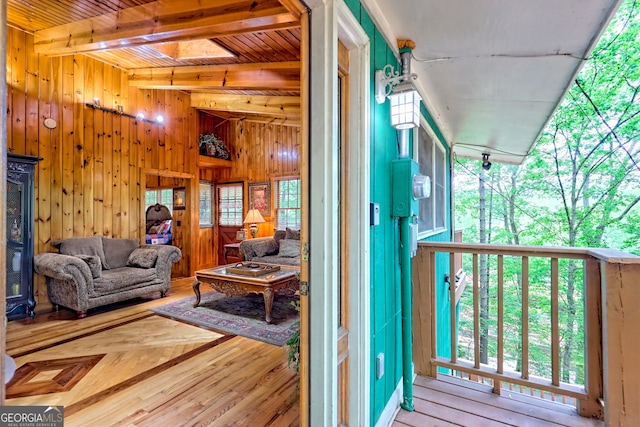 view of wooden balcony featuring a wooden deck