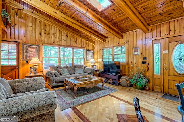 living area with wood-type flooring, wood ceiling, and wood walls