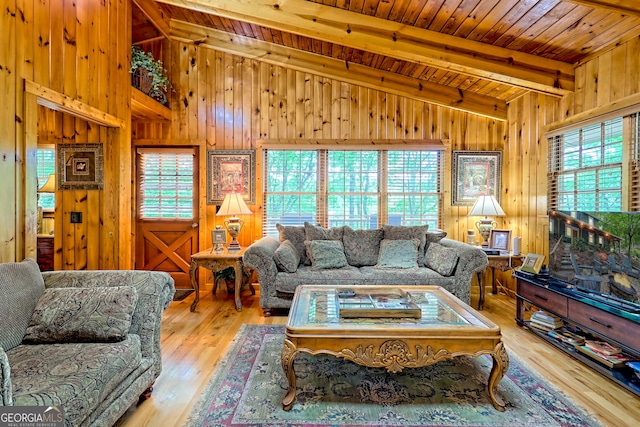 living room featuring wood ceiling, wooden walls, and hardwood / wood-style flooring