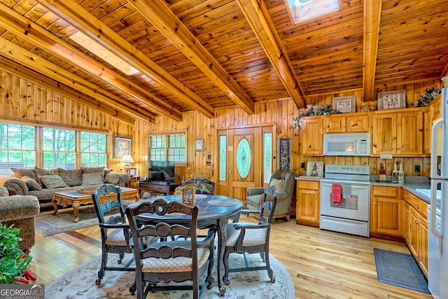 dining room featuring wooden ceiling, light wood-type flooring, and wooden walls