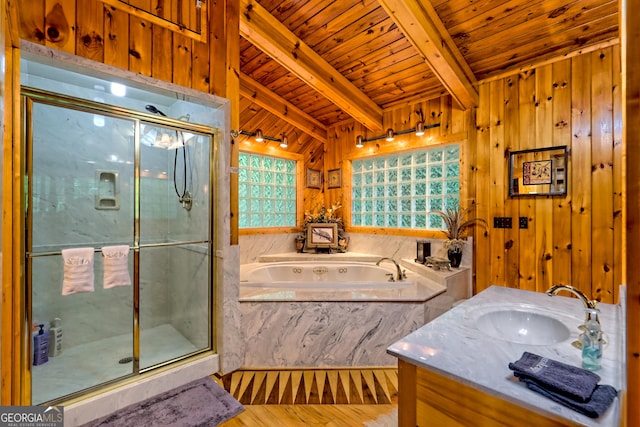 full bath featuring wood ceiling, a shower stall, wood finished floors, a bath, and vanity
