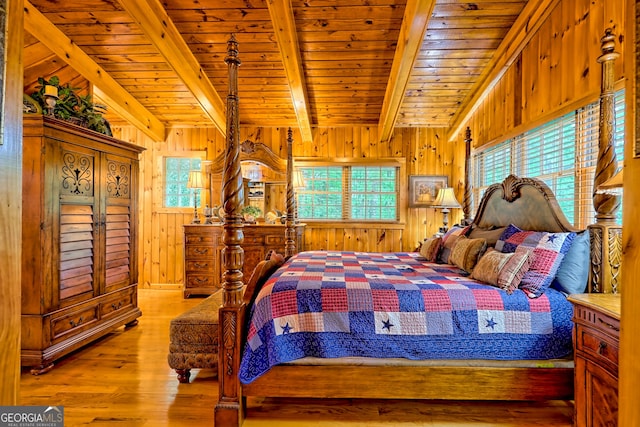 bedroom with wood finished floors, wooden ceiling, and wooden walls
