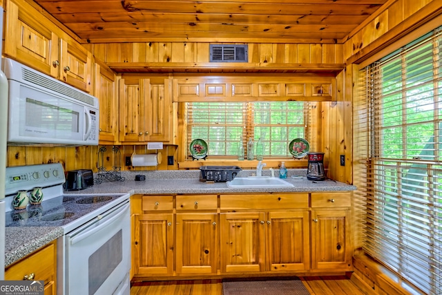 kitchen featuring white appliances, a sink, wood walls, wood ceiling, and brown cabinetry