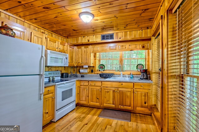 kitchen featuring white appliances, wooden ceiling, light wood-type flooring, a sink, and wooden walls
