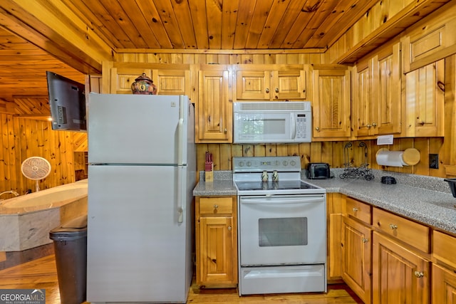 kitchen featuring white appliances, wood walls, electric panel, light wood-style flooring, and wooden ceiling