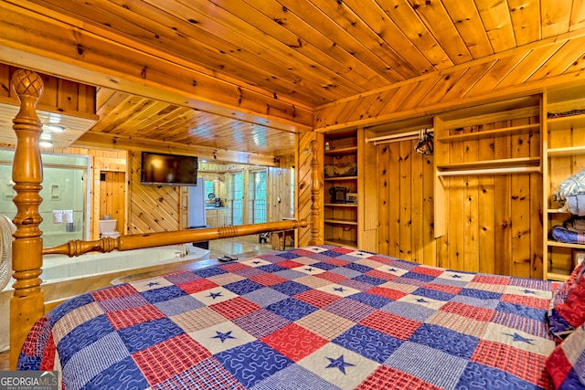 bedroom featuring wood walls and wooden ceiling