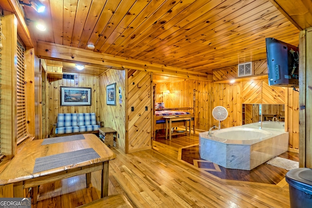 living area featuring hardwood / wood-style floors, wooden walls, and wooden ceiling