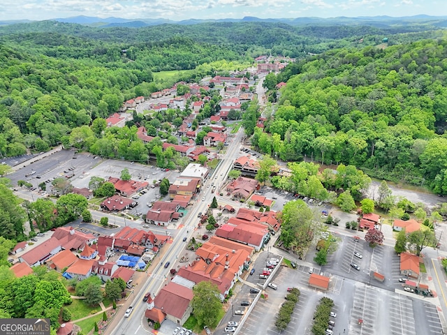 aerial view of property and surrounding area with a forest and mountains