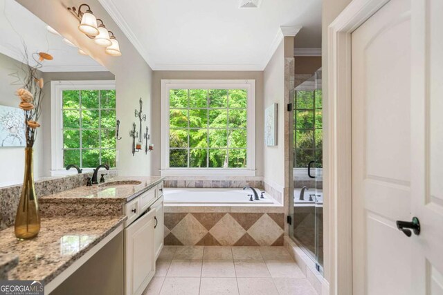 full bath featuring crown molding, plenty of natural light, a shower stall, vanity, and a garden tub